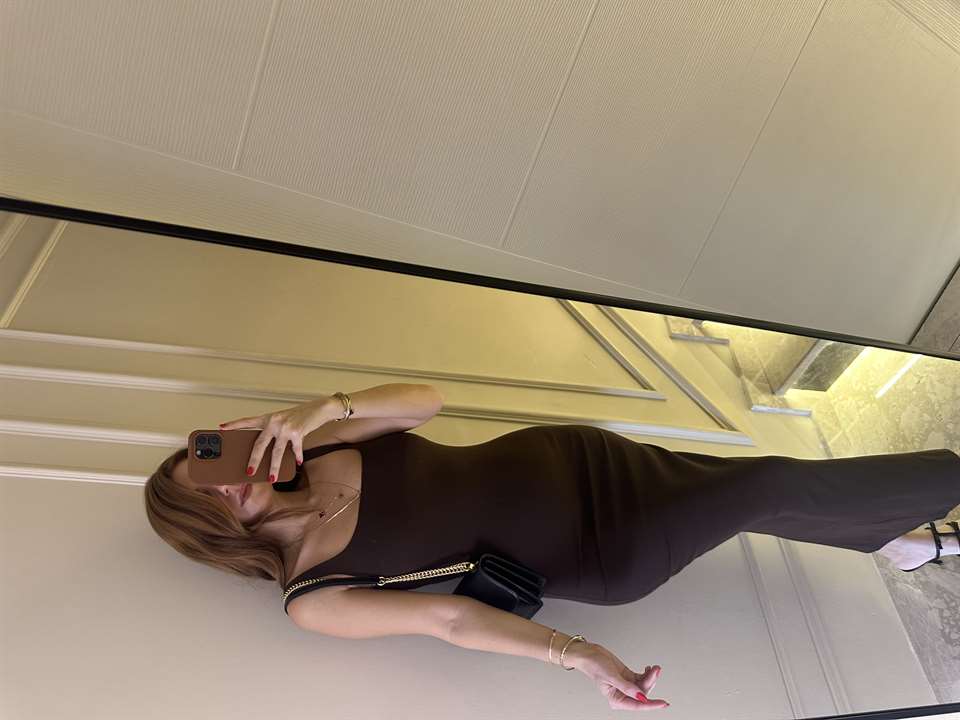 Acı Kahve Ön Arka Kare Yaka Uzun Elbise