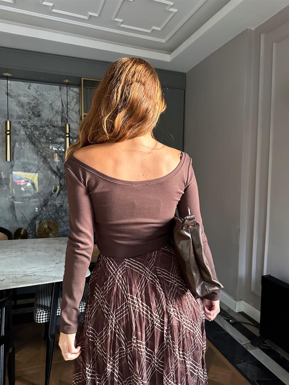 Acı Kahve Ön Arka U Yaka Uzun Kol Bluz