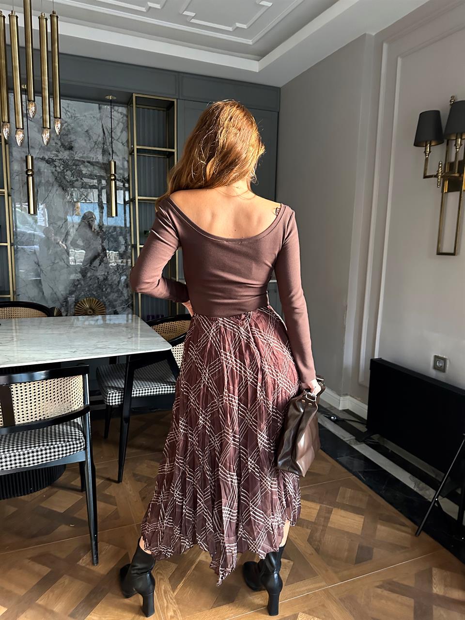 Acı Kahve Ön Arka U Yaka Uzun Kol Bluz