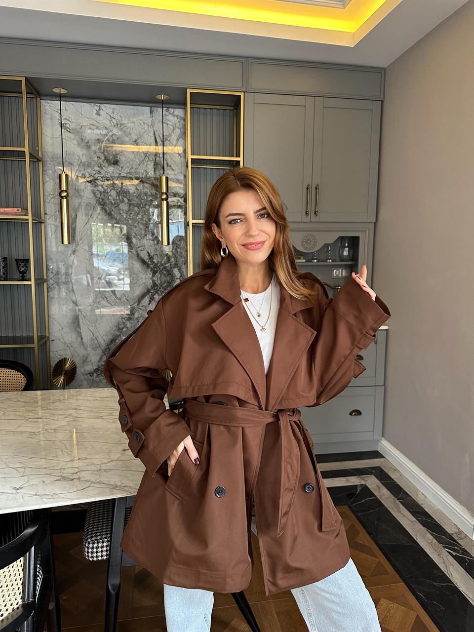 Acı Kahve Orta Boy Kemerli Trençkot