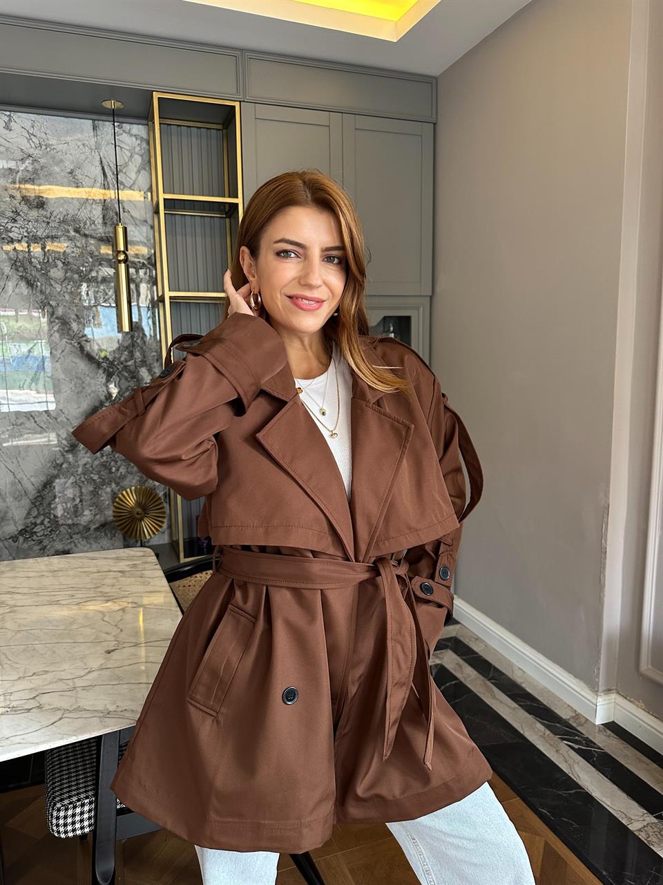 Acı Kahve Orta Boy Kemerli Trençkot