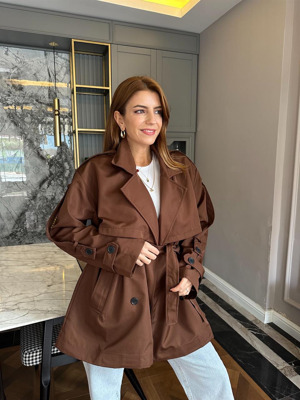 Acı Kahve Orta Boy Kemerli Trençkot