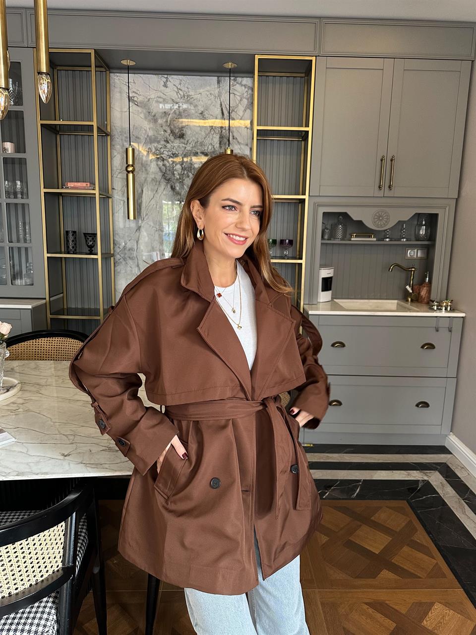 Acı Kahve Orta Boy Kemerli Trençkot