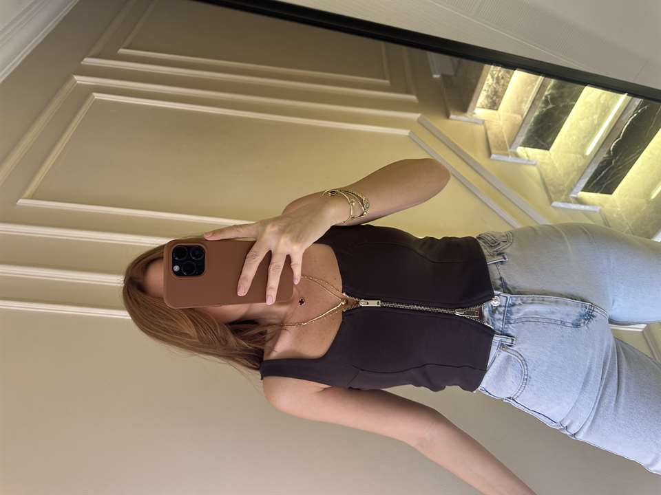 Acı Kahve Pamuk Çift Fermuar Askılı Bluz