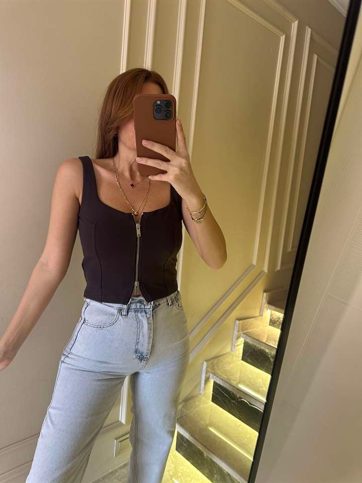 Acı Kahve Pamuk Çift Fermuar Askılı Bluz