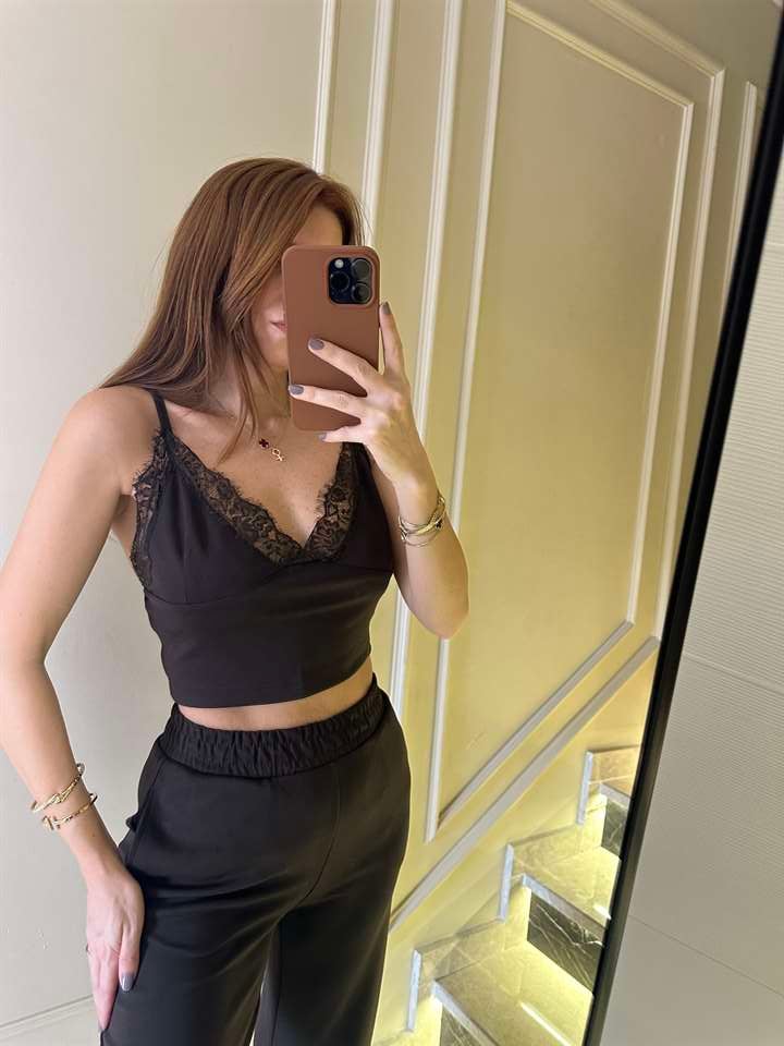 Acı Kahve Pamuk Kumaş İp Askılı Dantel Detaylı Takım