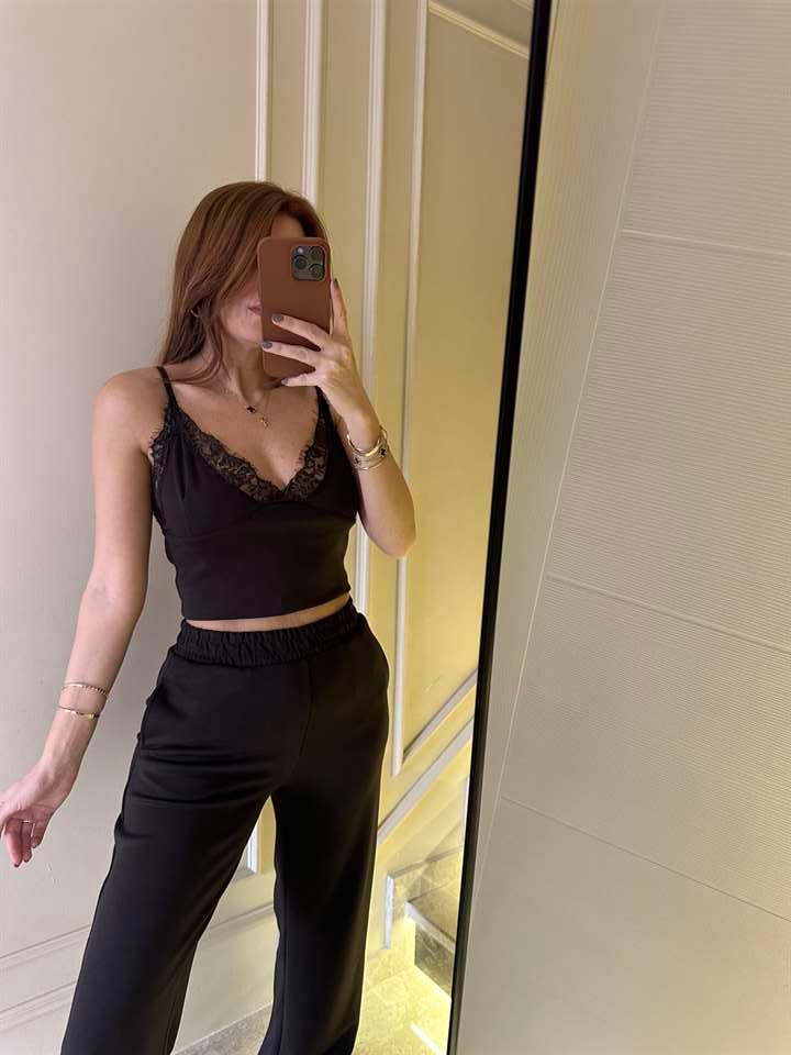 Acı Kahve Pamuk Kumaş İp Askılı Dantel Detaylı Takım