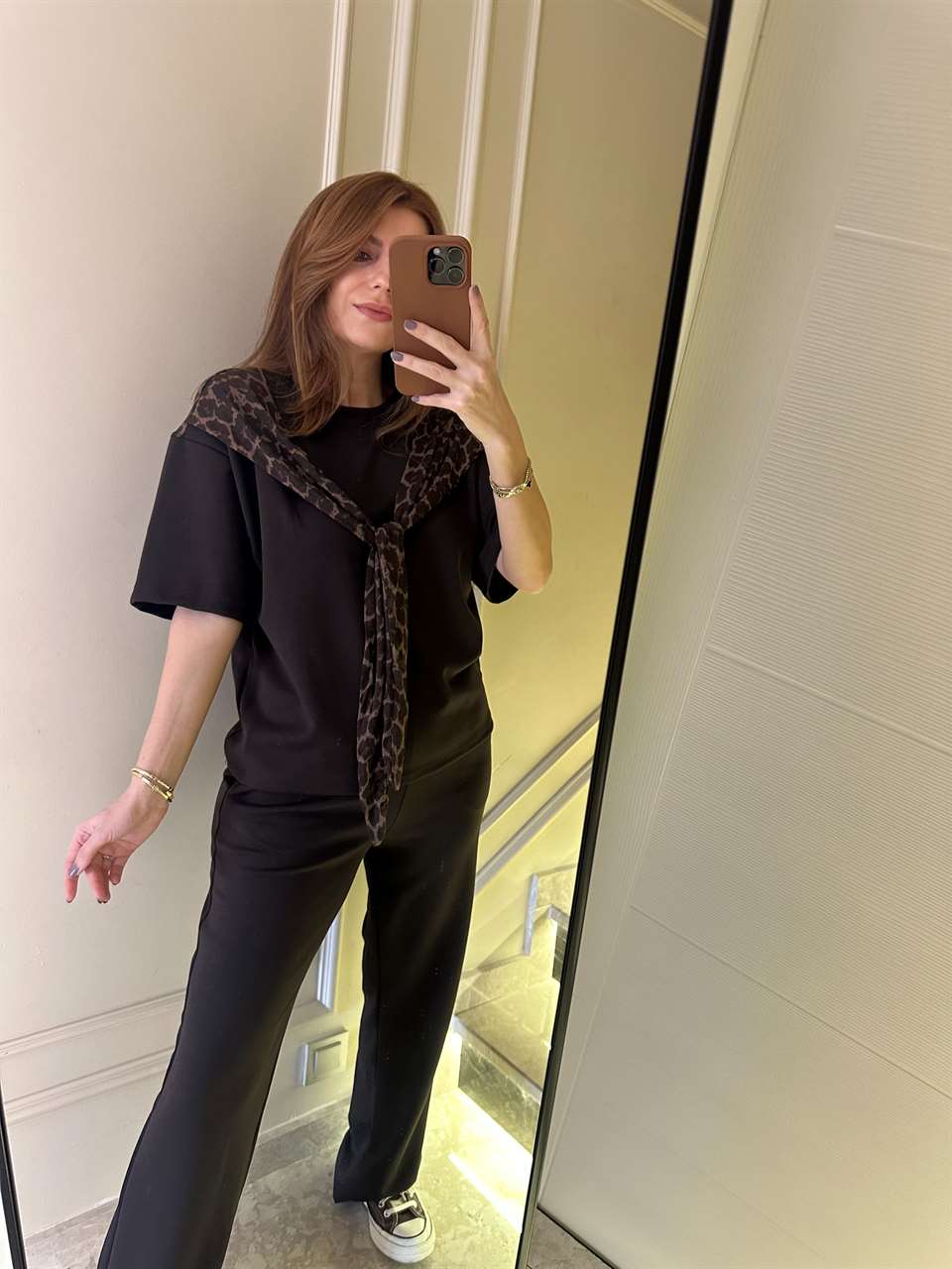 Acı Kahve Pamuk Kumaş Leopar Detay Bağlamalı Takım