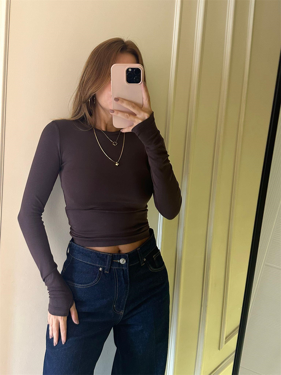 Acı Kahve Parmak Geçmeli Viskon Bluz