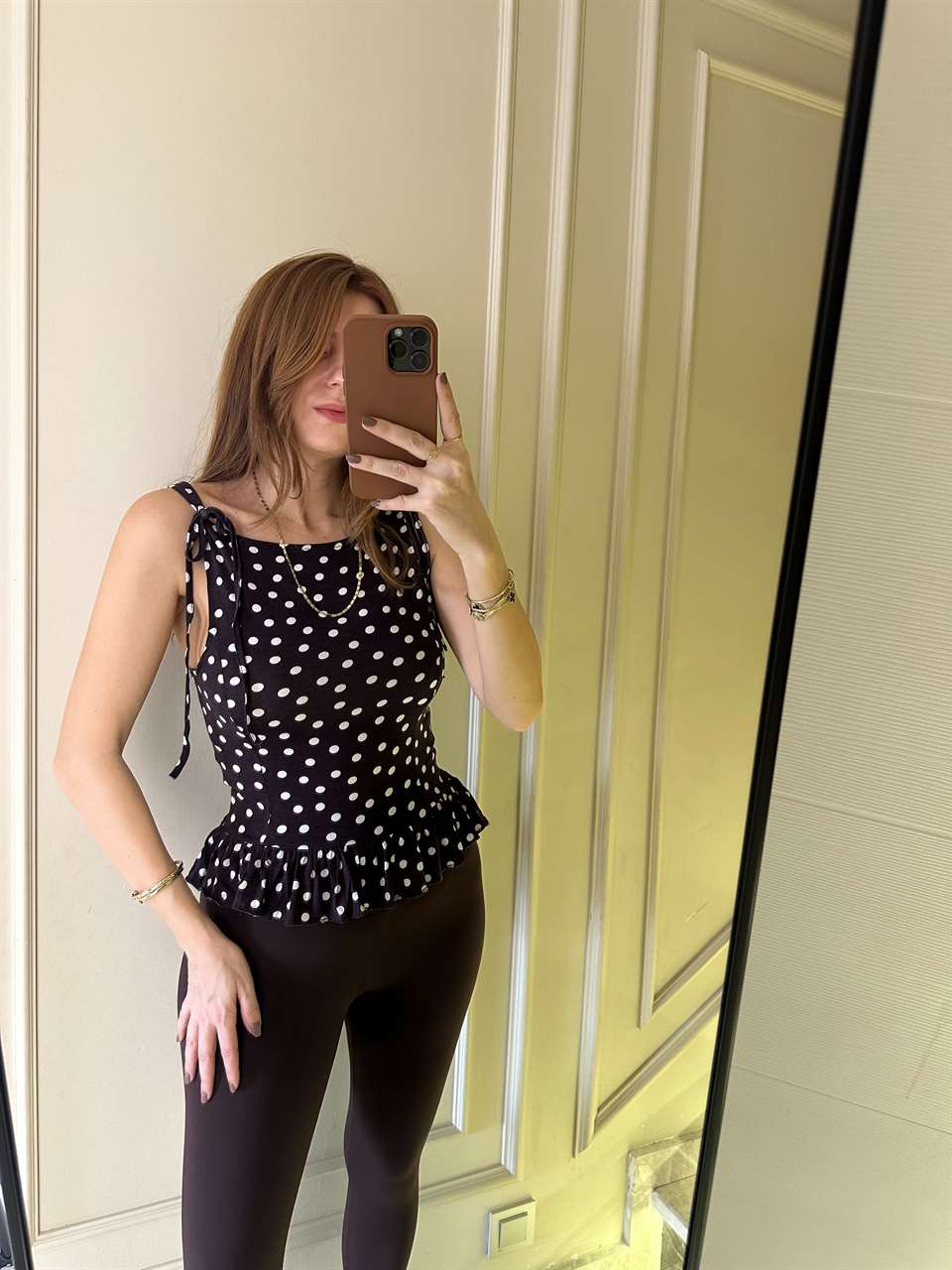 Acı Kahve Puantiye Desen Bağlamalı Bluz