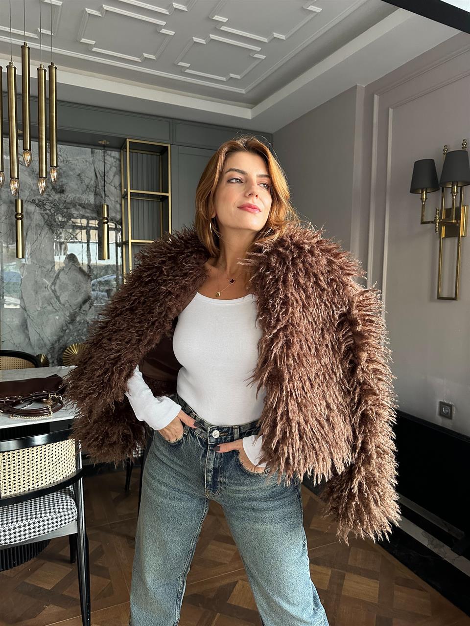 Acı Kahve Püsküllü Kürk Ceket