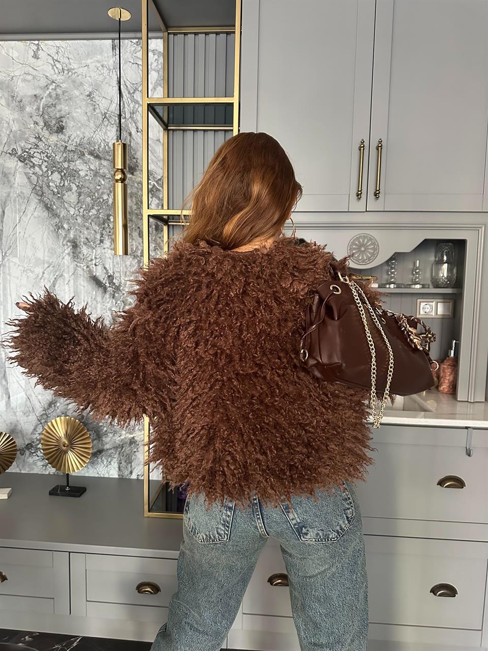 Acı Kahve Püsküllü Kürk Ceket