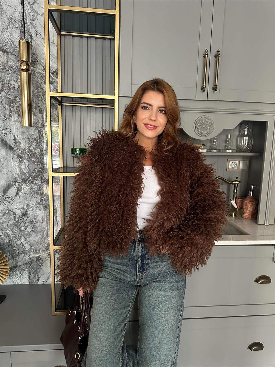 Acı Kahve Püsküllü Kürk Ceket