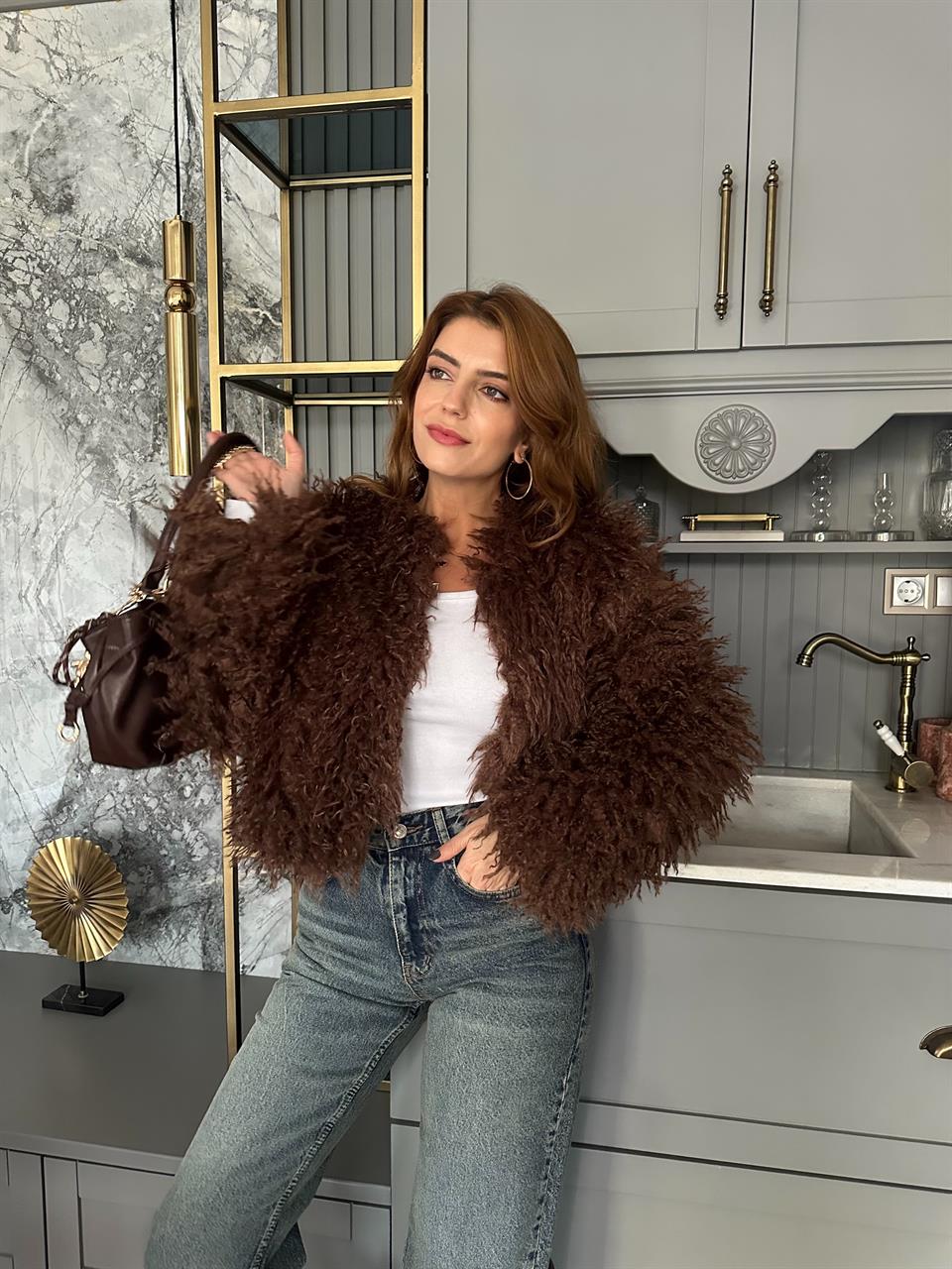 Acı Kahve Püsküllü Kürk Ceket