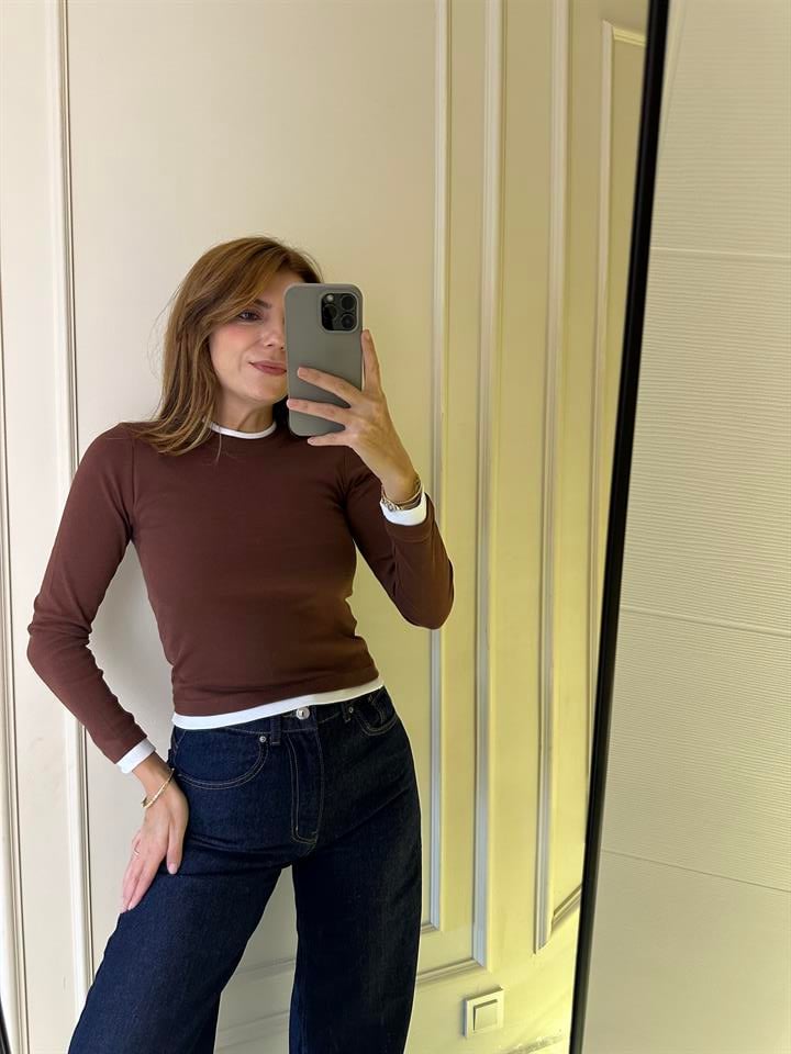 Acı Kahve Ribana Yaka İkili Bluz