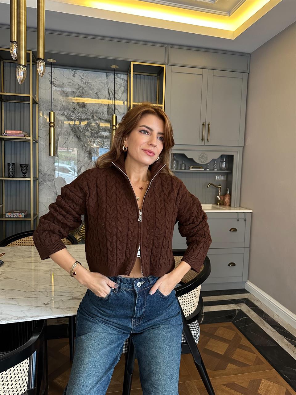 Acı Kahve Saç Örgü Çift Fermuarlı Triko Hırka