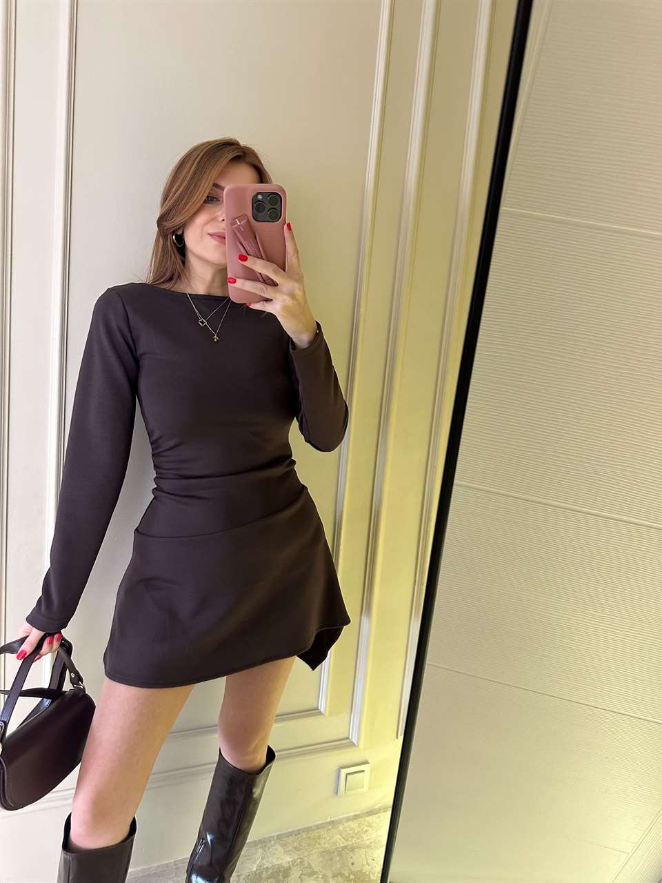 Acı Kahve Sırt Degaje Modal Elbise