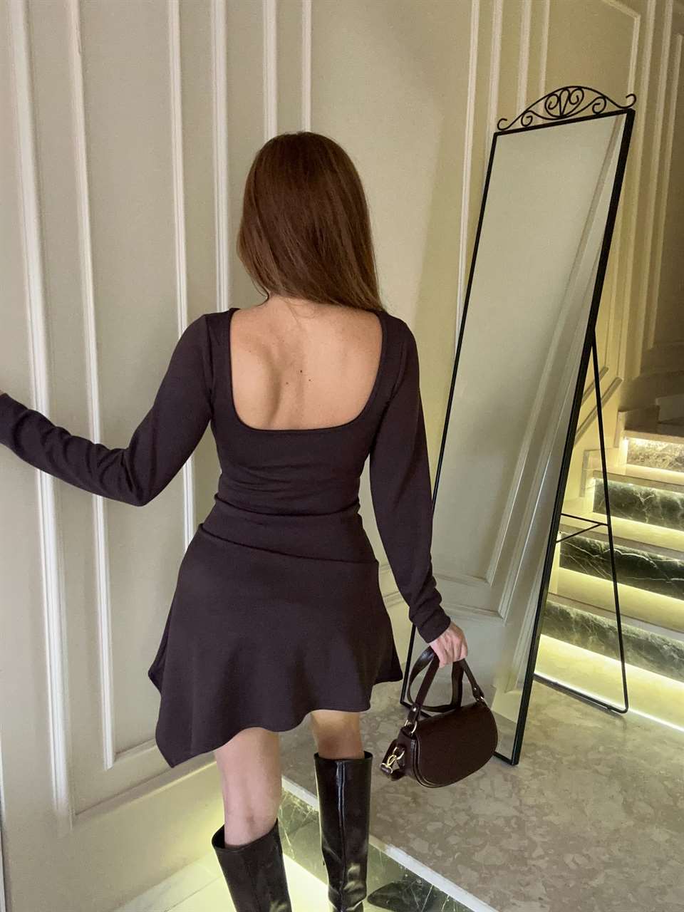 Acı Kahve Sırt Degaje Modal Elbise