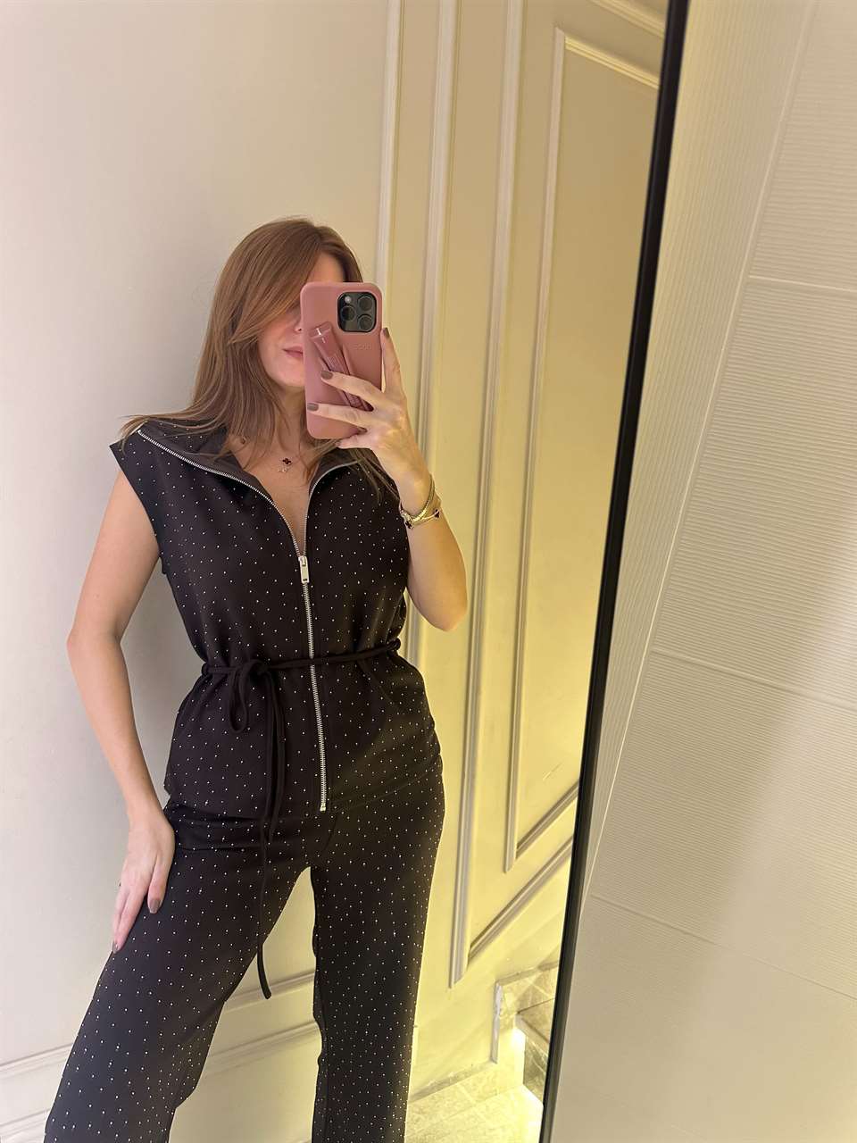 Acı Kahve Taşlı Fermuarlı Yelekli Takım