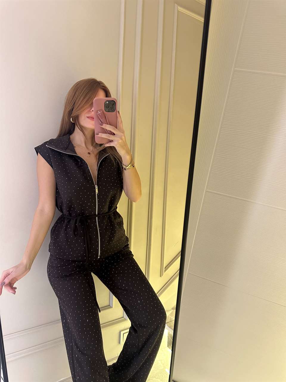 Acı Kahve Taşlı Fermuarlı Yelekli Takım