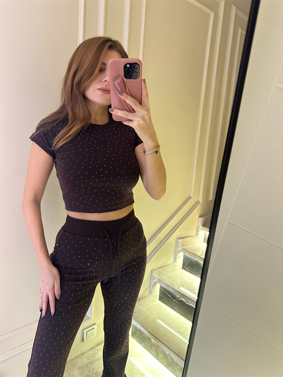 Acı Kahve Taşlı Kısa Kol Fit Takım