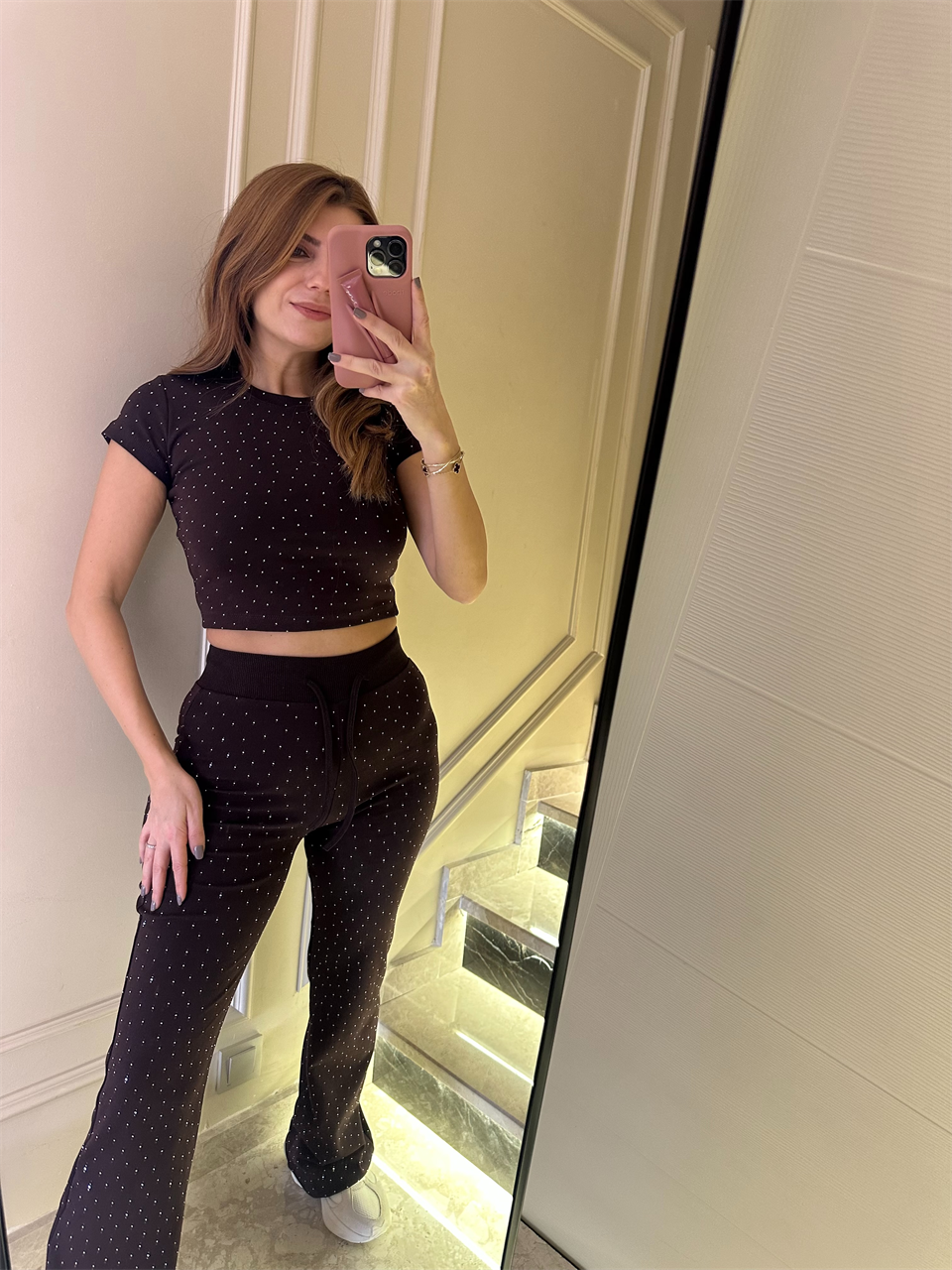 Acı Kahve Taşlı Kısa Kol Fit Takım