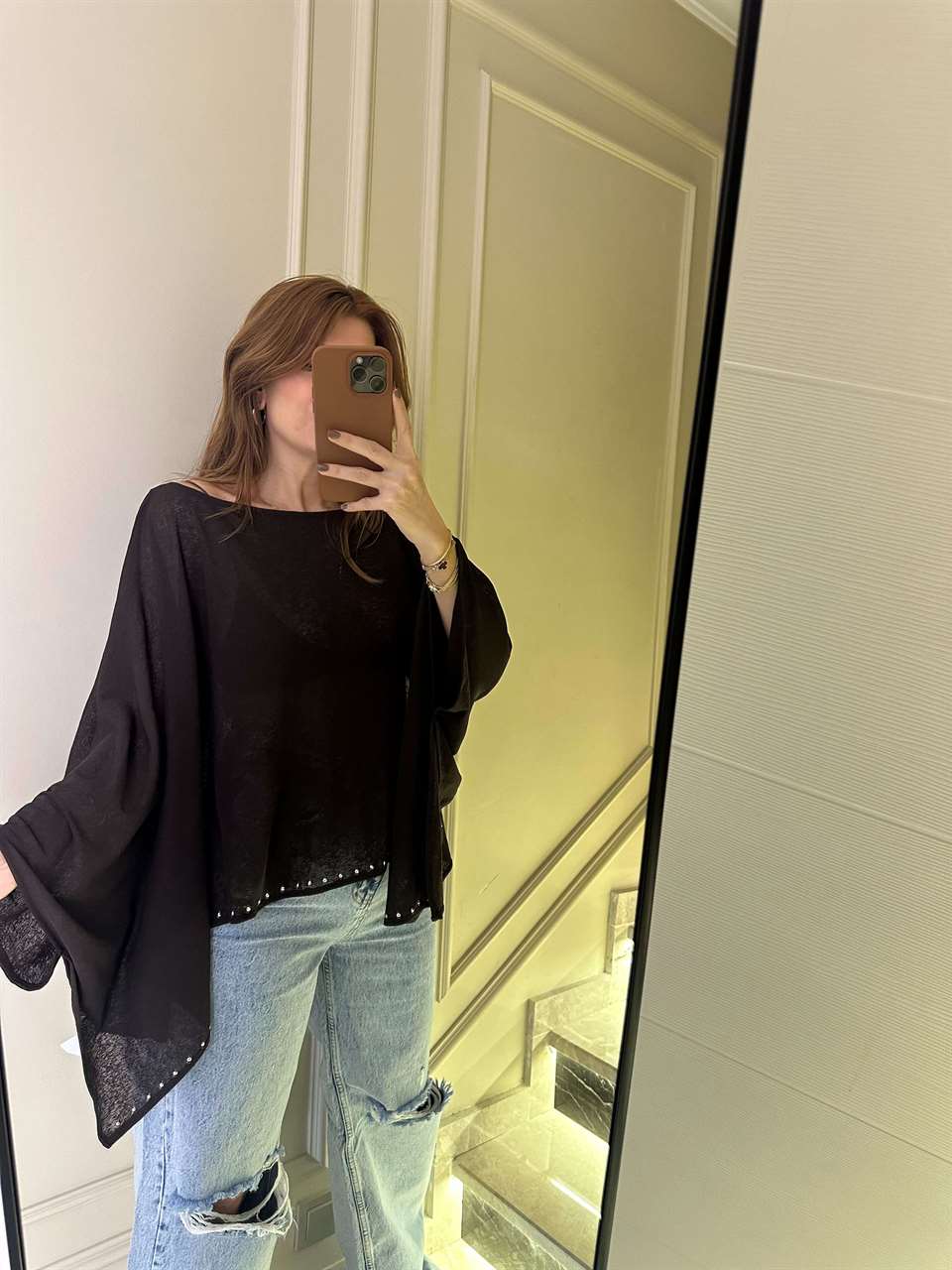 Acı Kahve Taşlı Yarasa Kol Viskon Bluz