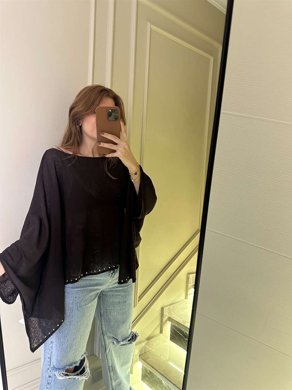 Acı Kahve Taşlı Yarasa Kol Viskon Bluz