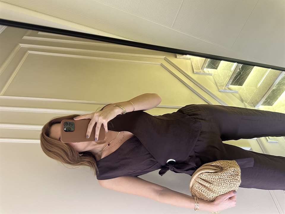 Acı Kahve Tensel Kumaş Kruvaze Yaka Bağlamalı Takım