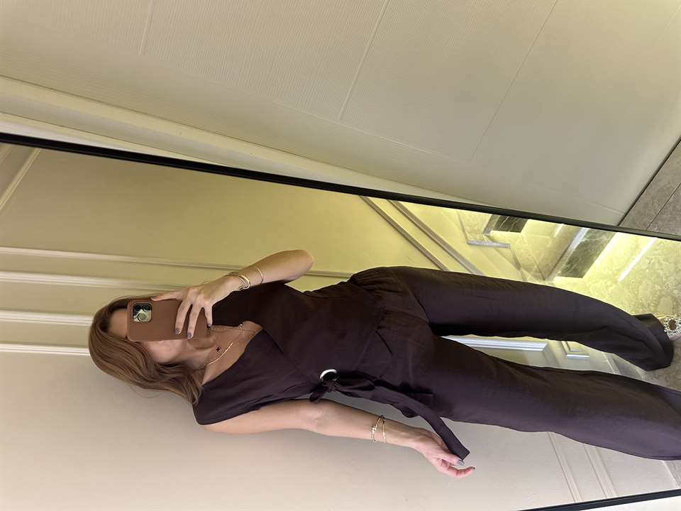 Acı Kahve Tensel Kumaş Kruvaze Yaka Bağlamalı Takım