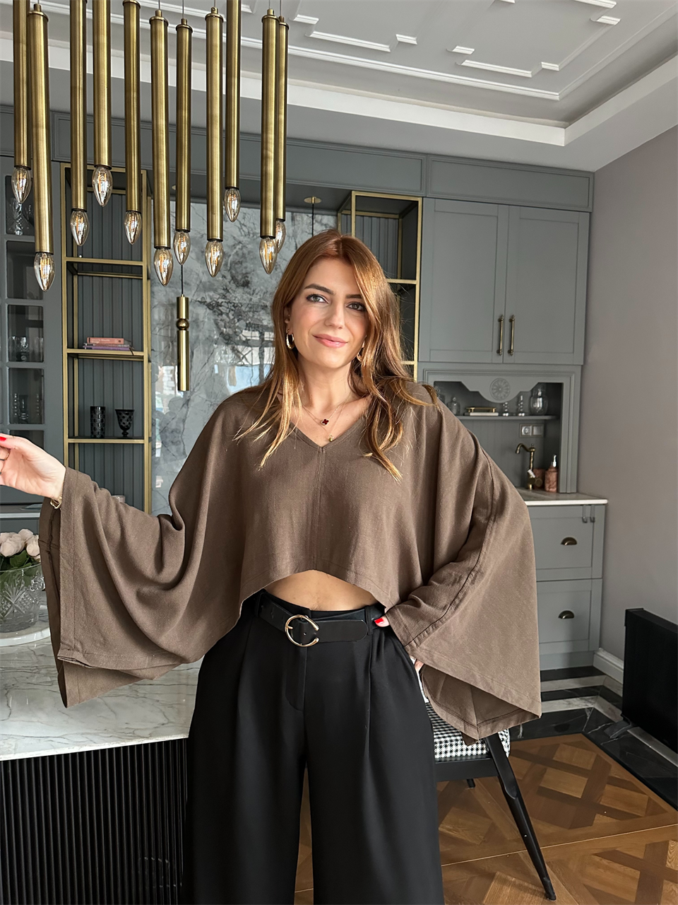 Acı Kahve V Yaka İspanyol Kol Keten Bluz