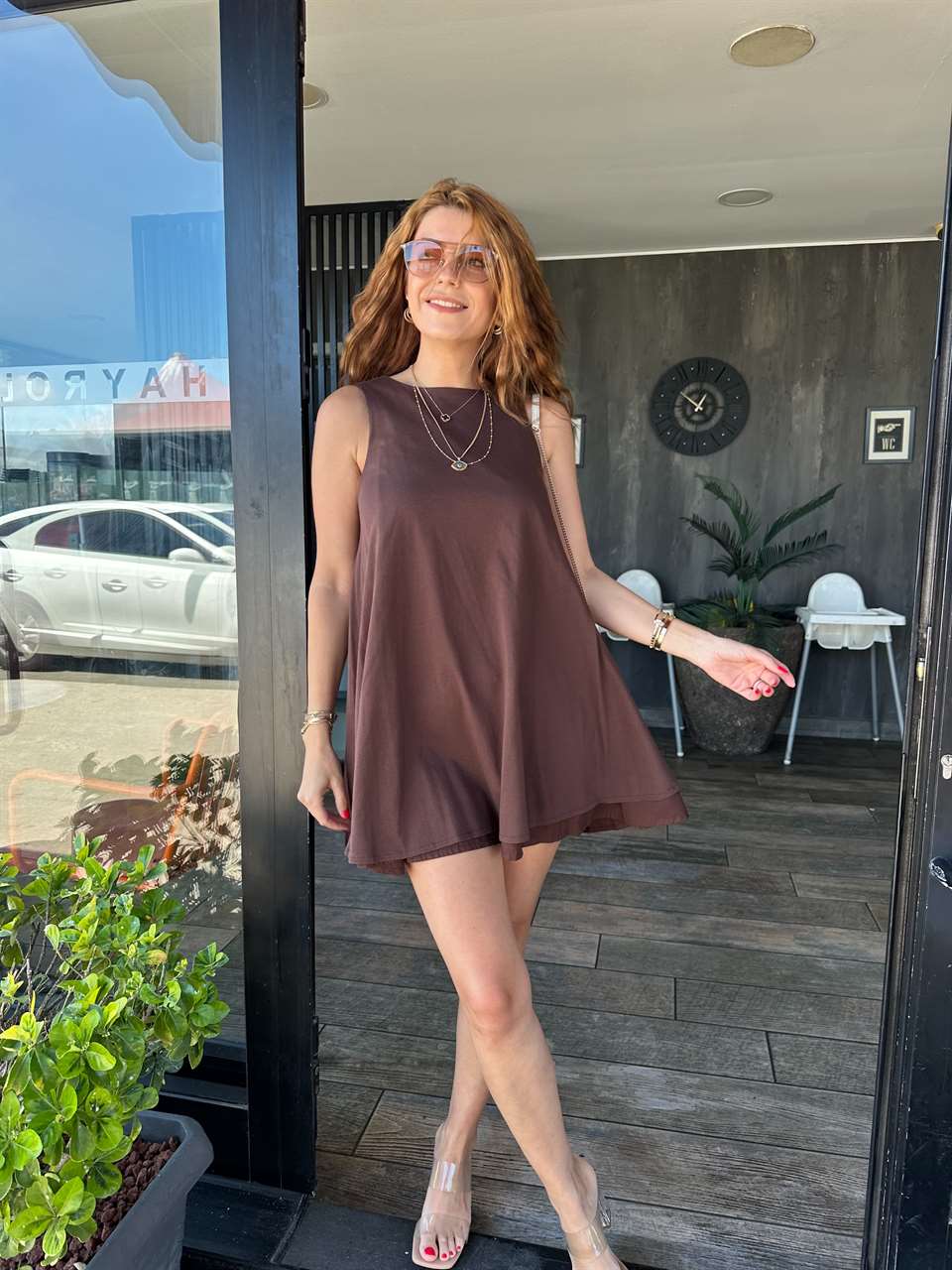 Acı Kahve Volümlü Kısa Elbise