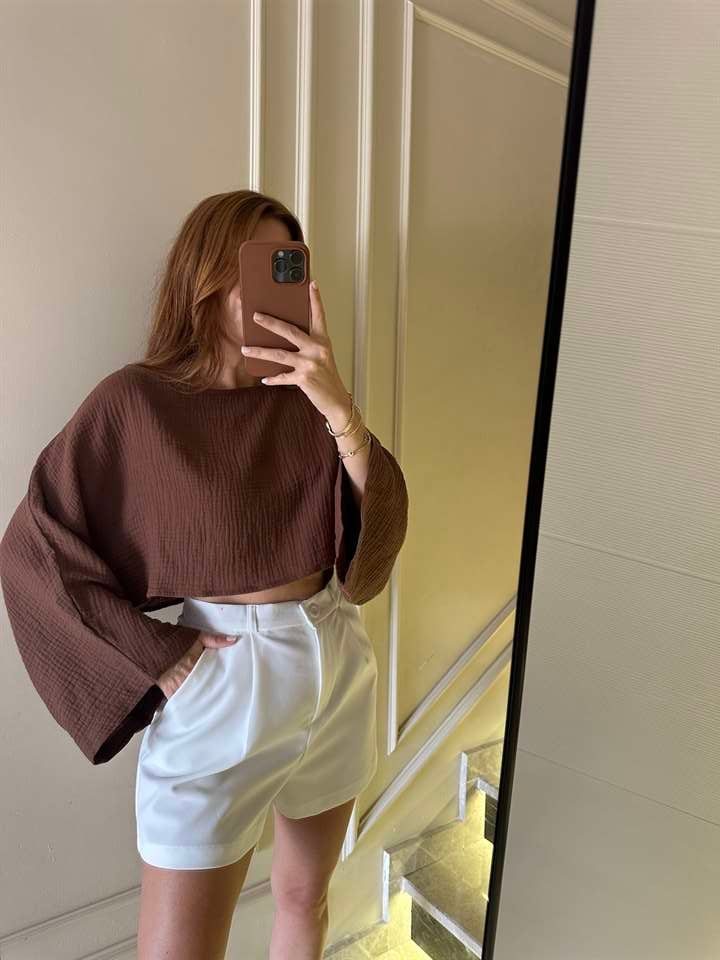 Acı Kahve Yarasa Kol Crop Bluz