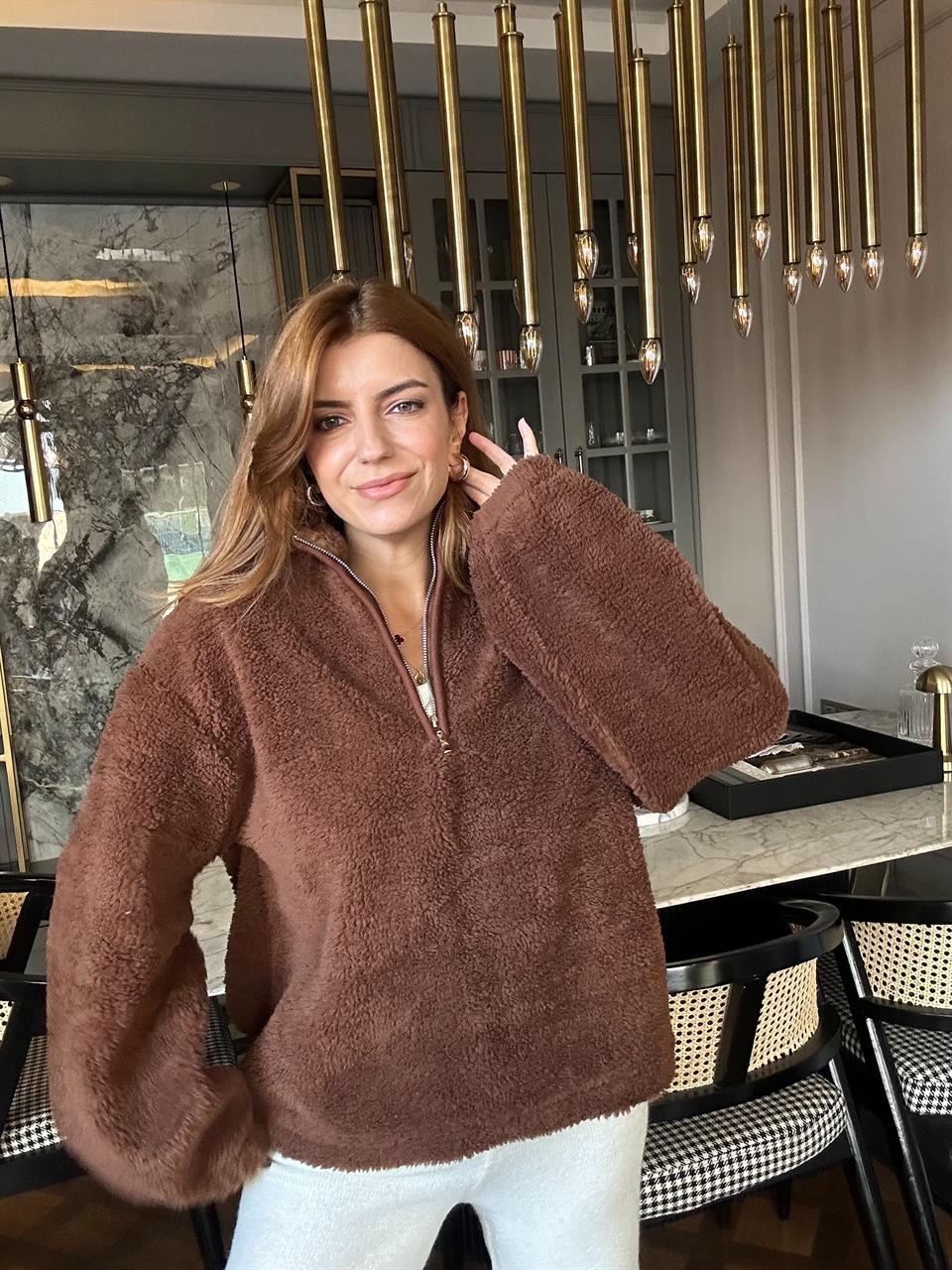 Acı Kahve Yarım Fermuar Peluş Ceket