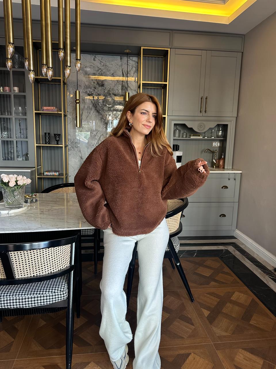 Acı Kahve Yarım Fermuar Peluş Ceket