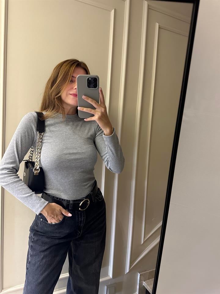 Açık Gri Fitilli Uzun Kol Bluz