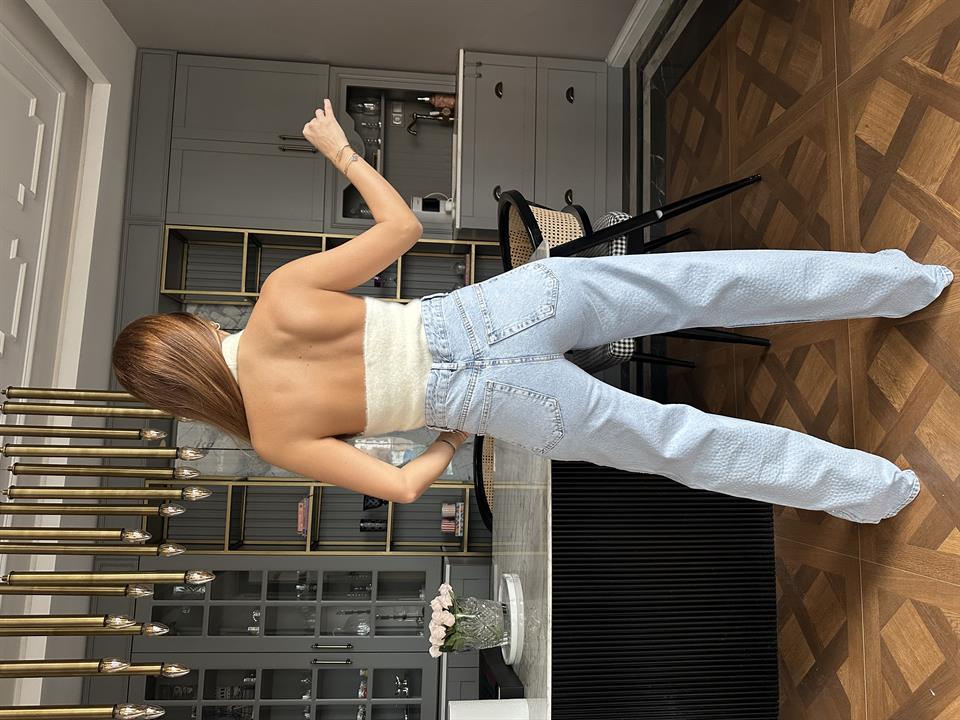 Açık Kar Yıkama Ön Full Taş Wide Leg Jean