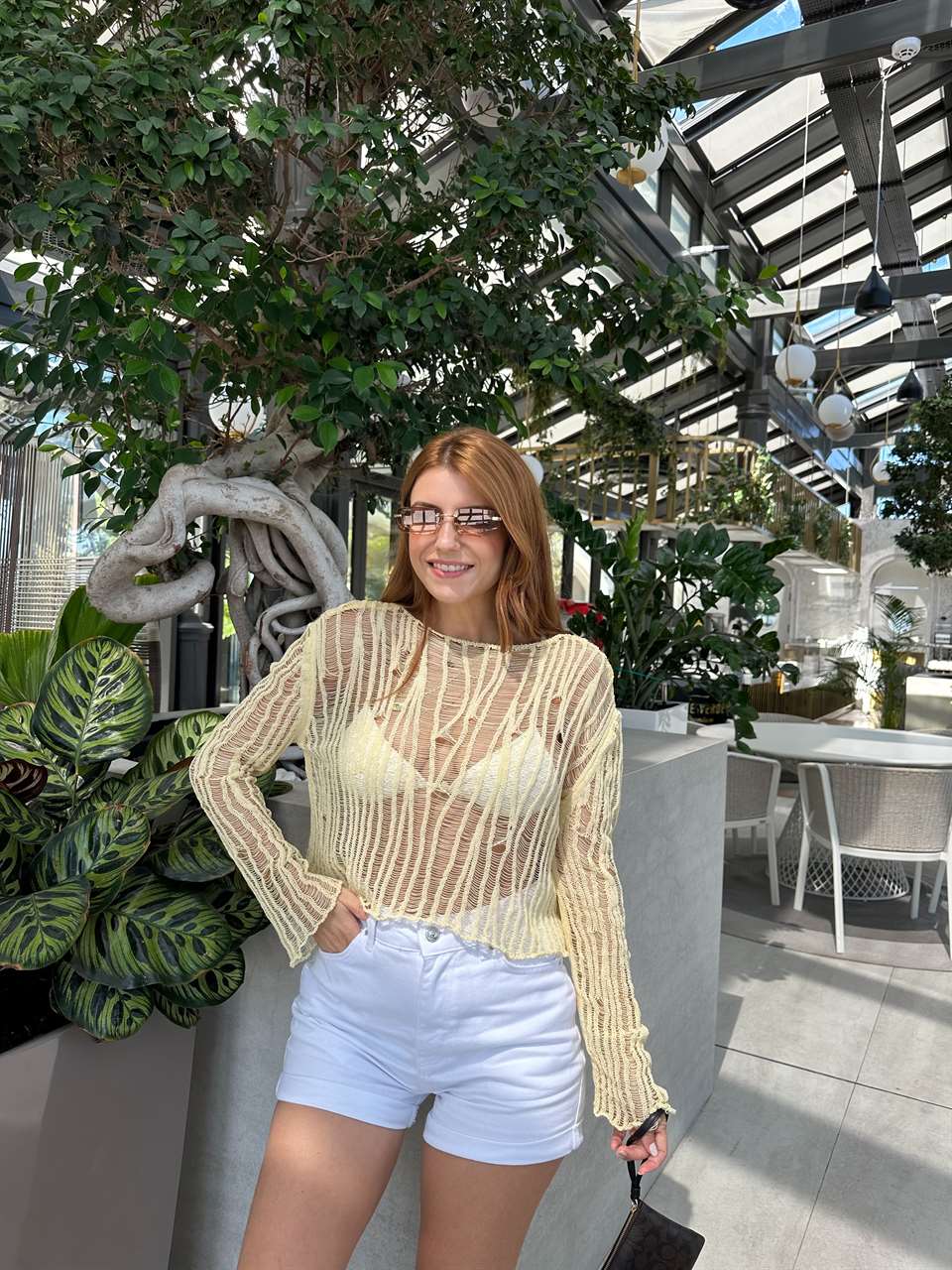 Açık Sarı Transparan Crop Triko Bluz