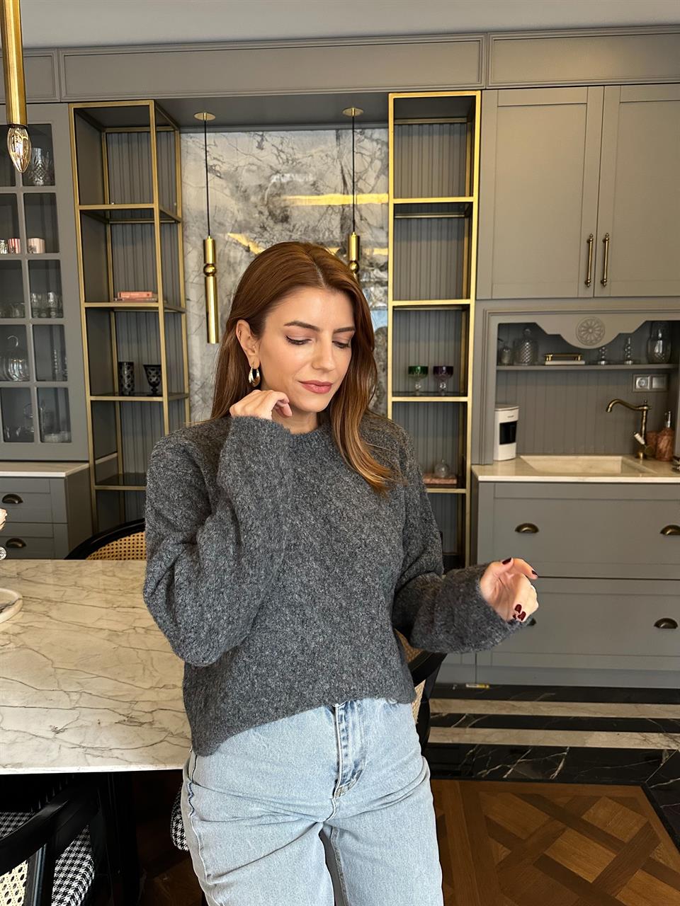 Antrasit Desenli Yumoş Triko Kazak