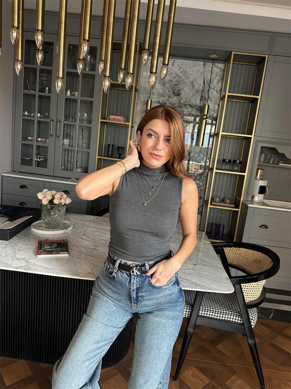 Antrasit Dik Yaka Pamuk Bluz