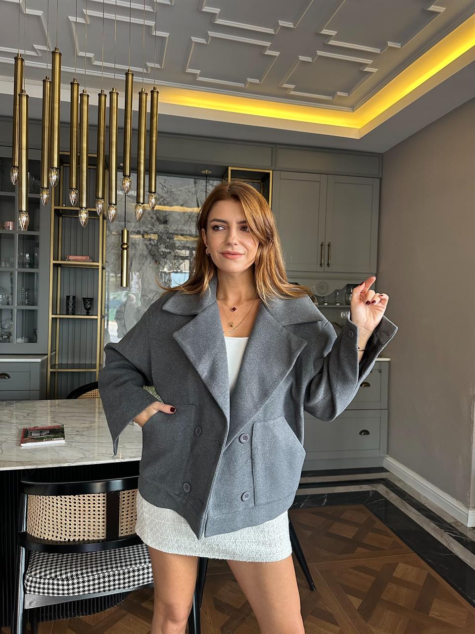 Antrasit Dört Düğme Kaşe Kaban