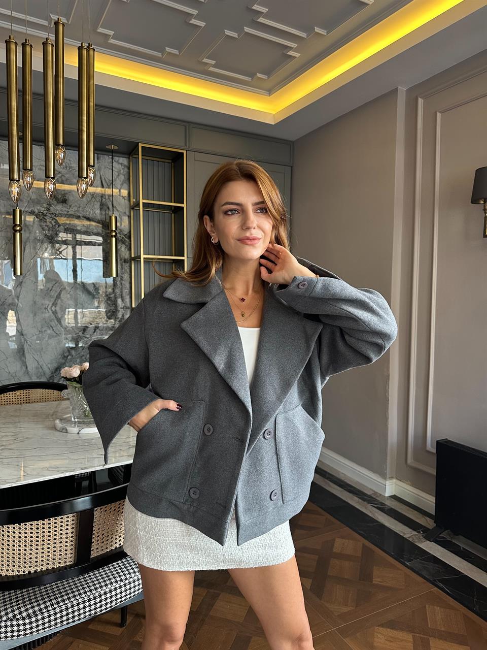 Antrasit Dört Düğme Kaşe Kaban