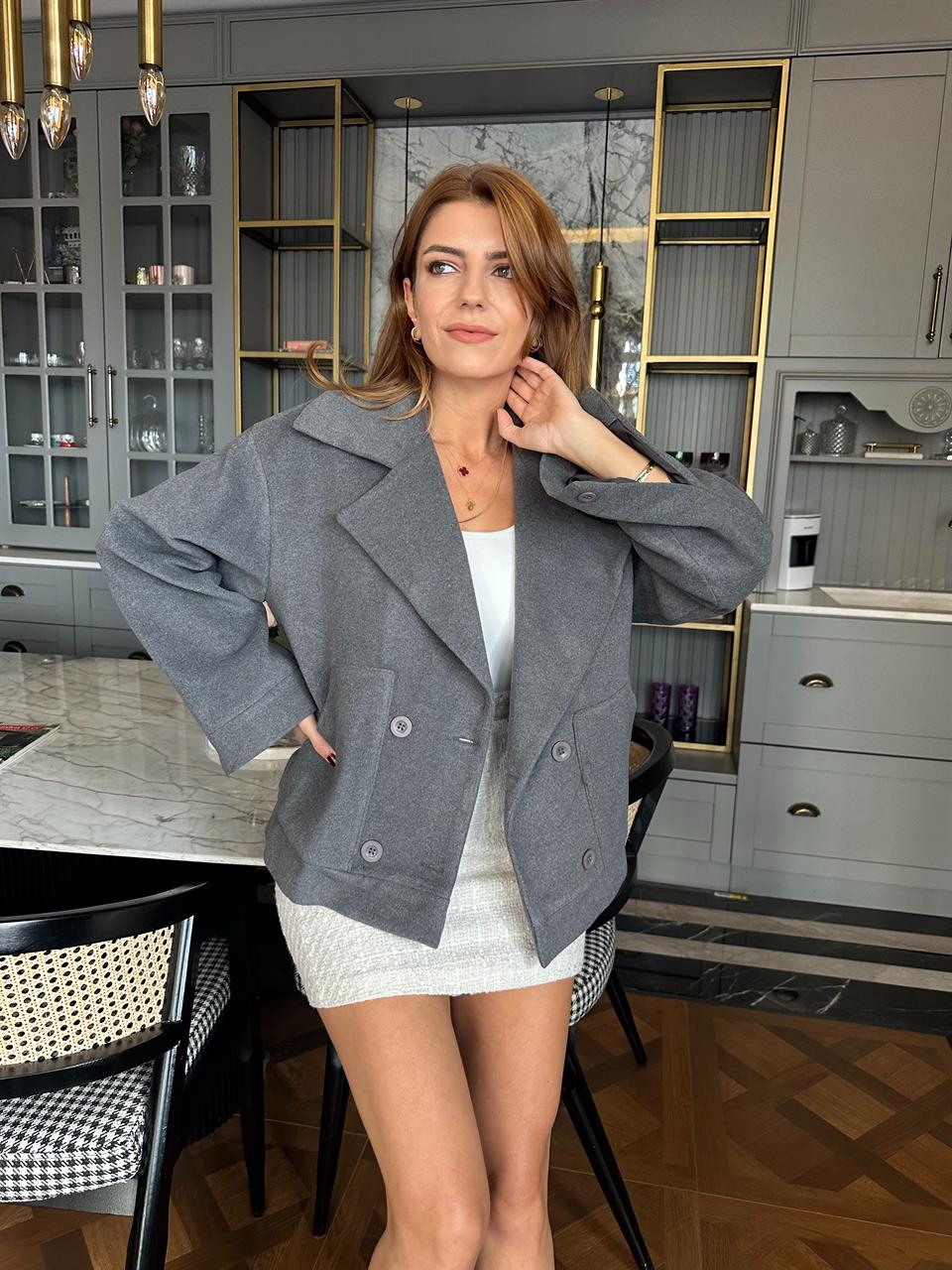 Antrasit Dört Düğme Kaşe Kaban