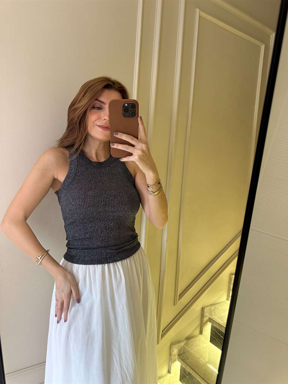Antrasit Halter Yaka Kalın Biyeli Simli Atlet