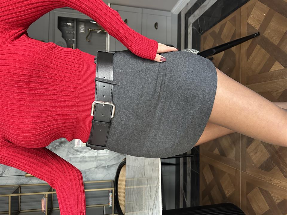 Antrasit Kalın Kemer Detay Şort Etek