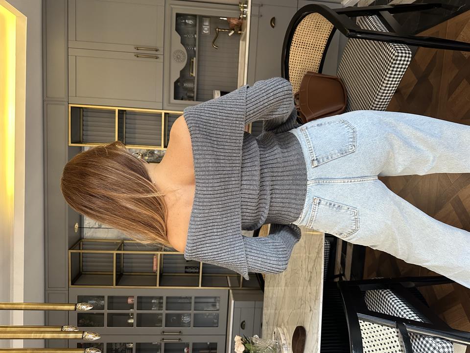 Antrasit Kayık Yaka Çift Fermuarlı Triko Hırka