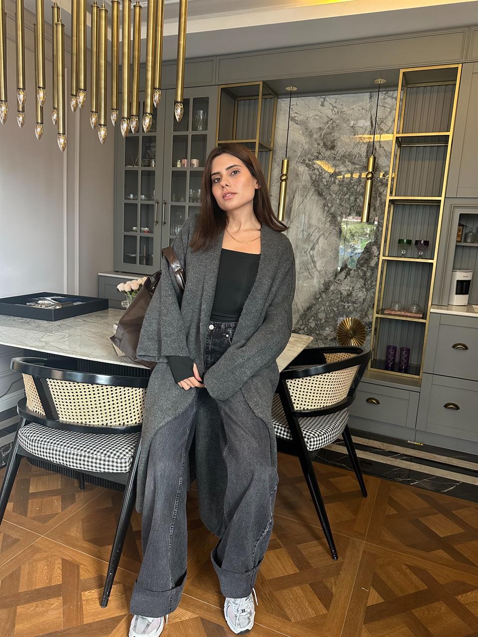 Antrasit Uzun Kalın Triko Hırka