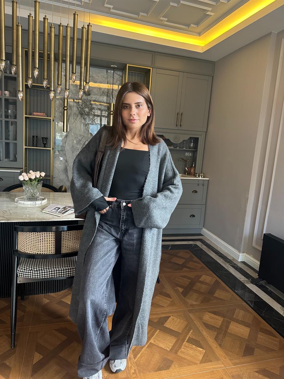 Antrasit Uzun Kalın Triko Hırka