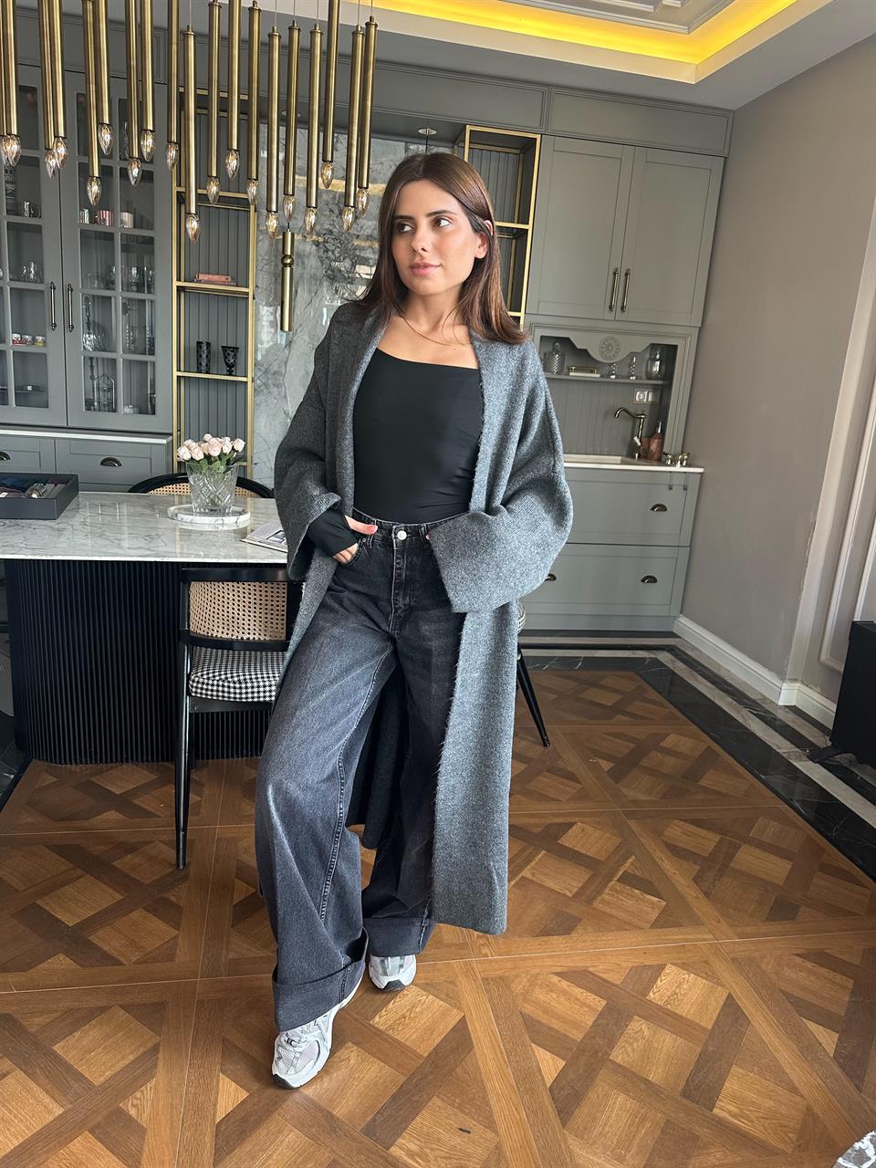 Antrasit Uzun Kalın Triko Hırka