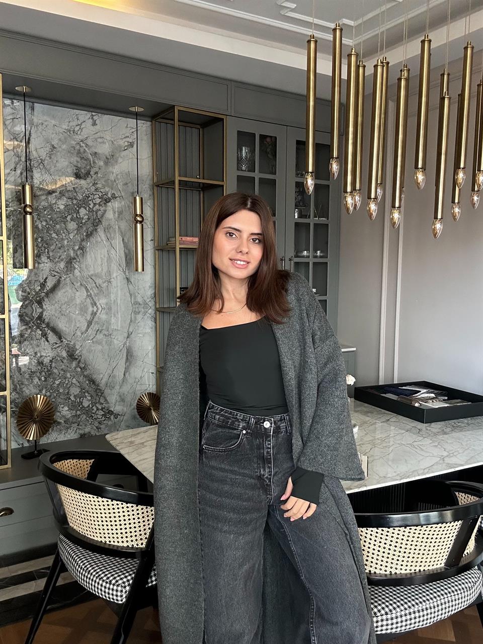 Antrasit Uzun Kalın Triko Hırka